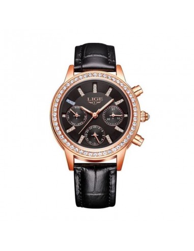 LIGE Diana Cristal - Montre Femme Brillant Cuir Noir de France