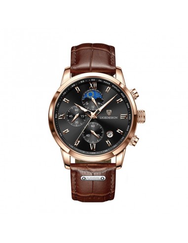 LIGE Design Pro - Montre Homme Chronographe Lune Cuir Marron en stock