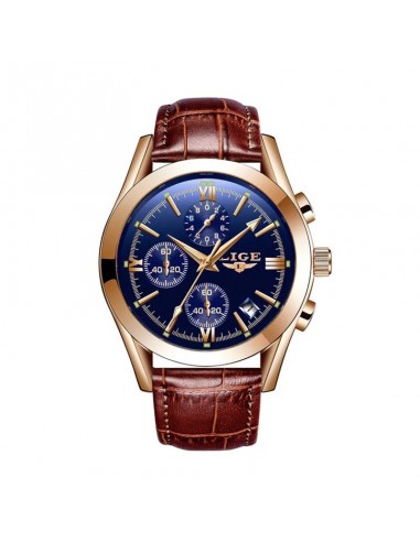 LIGE Chrono Style - Montre Homme Boîtier Doré Bracelet Cuir Marron de technologie