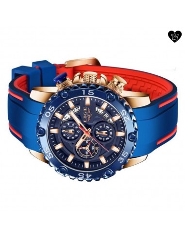 Reloj grande de acero con esfera azul y correa de silicona - Hombre en linge