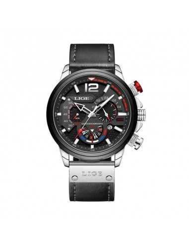 LIGE Pilot Chrono - Men's Chronograph Sport Watch Black Leather Paris Déstockage Promo