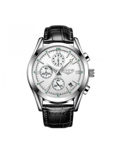 LIGE Chrono Style - Men's Watch Silver Case Black Leather Strap Jusqu'à 80% De Réduction